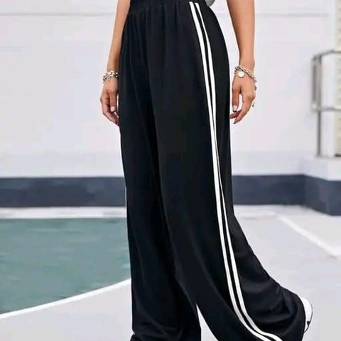 Women's Hight Waist Wide-Leg Jogger Pant Black & White Stripe