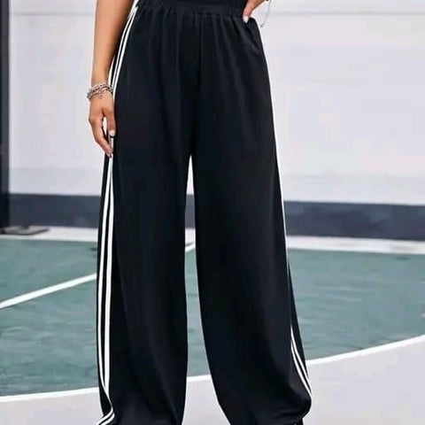 Women's Hight Waist Wide-Leg Jogger Pant Black & White Stripe